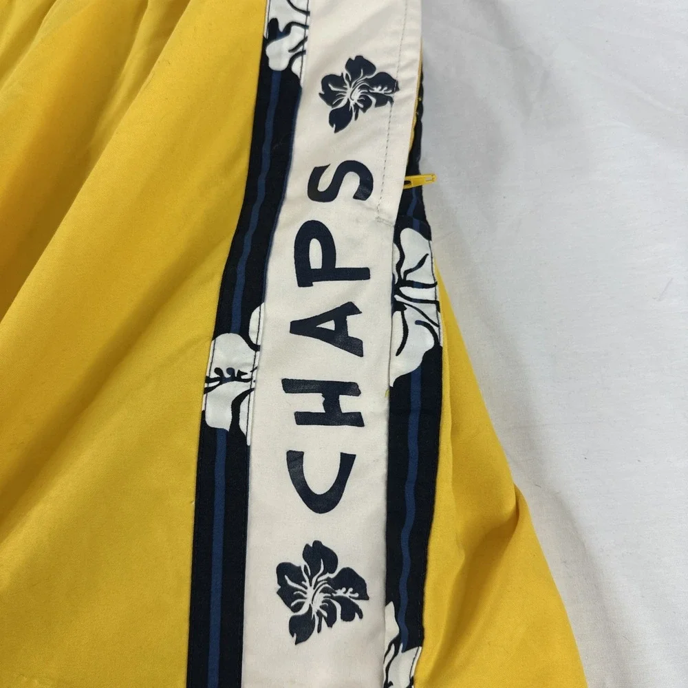 Chaps Swim Trunks Shorts Mens Large Yellow Elastic Waist Logo Leaves Pockets